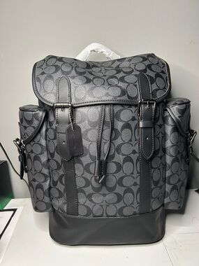 Coach Men's Hitch Backpack NWT Signature Canvas Black Charcoal Laptop Bag C2662